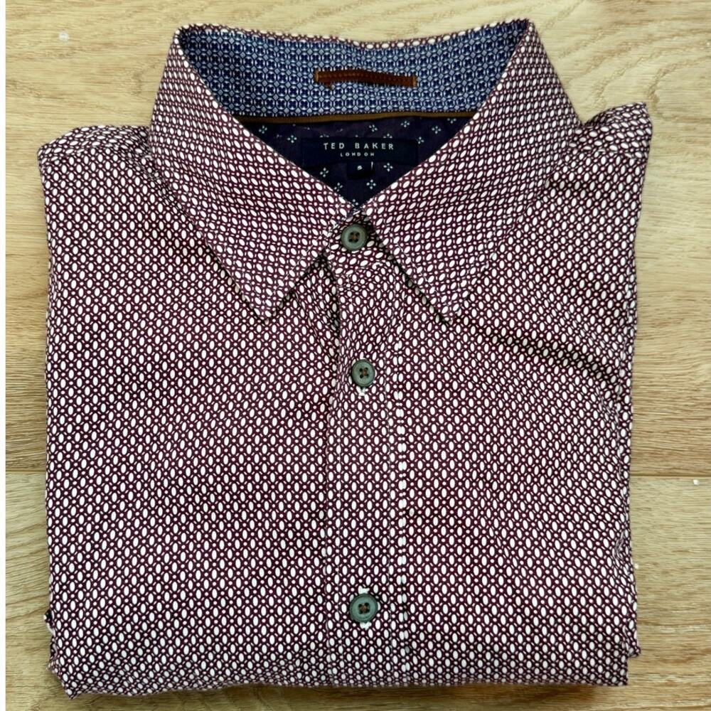 Ted Baker Men's Button Up Shirt Size 5 Burgundy Geometric Print Long Sleeve